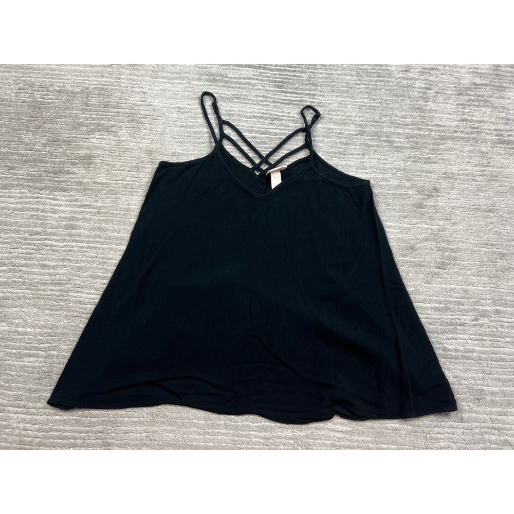 Mossimo Camisole Women L Black Strappy V-Neck Criss Cross Cami Flared Rayon Top